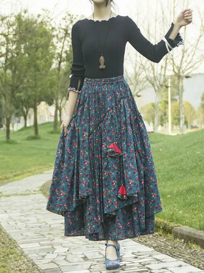Kalenmos 2021 New Cotton and Linen Woman Medieval Skirt Fashion Flower Print Retro Eid Style Irregular Hem Pleated Skirt