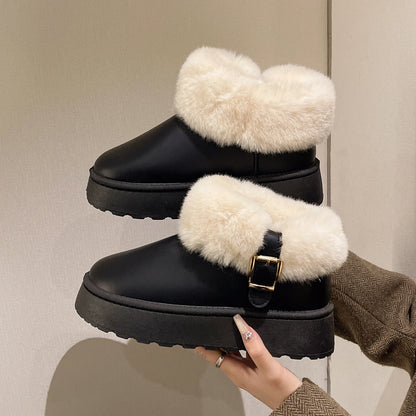 Pu Leather Waterproof Snow Boots for Women Winter Warm Plush Platform Ankle Boots Woman Thick Bottom Faux Fur Cotton Shoes
