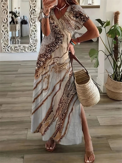 Vintage Geometric Irregular Printed T Shirt Long Women's Summer V-Neck Short Sleeve A-Line Dress Casual Vacation Slit Long Gowns