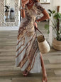 Vintage Geometric Irregular Printed T Shirt Long Women's Summer V-Neck Short Sleeve A-Line Dress Casual Vacation Slit Long Gowns