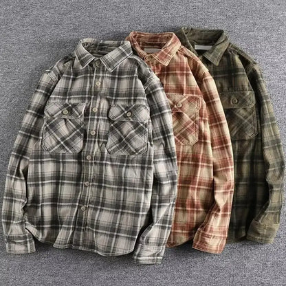 Single-breasted Shirt Plaid Print Men's Cardigan Coat Stylish Mid-length Formal Shirt with Turn-down Collar for Fall