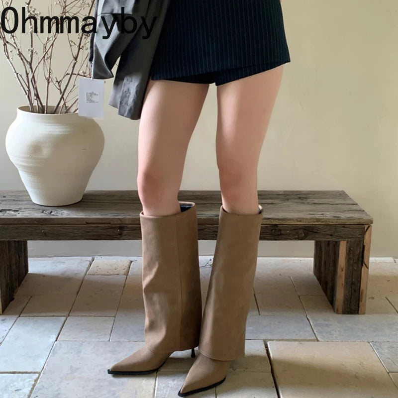Designer Women Knee High Boots Fashion Pointed Toe Trouser Legs Long Booties Elegant High Heels Shoes Botas Mujer