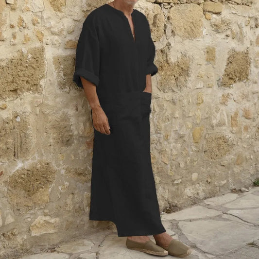 2023 New Men Jubba Thobe Kaftan Muslim Arab Islamic V-neck Short Sleeve Solid Cotton Linen Robes Muslim Fashion Arabia Man abaya