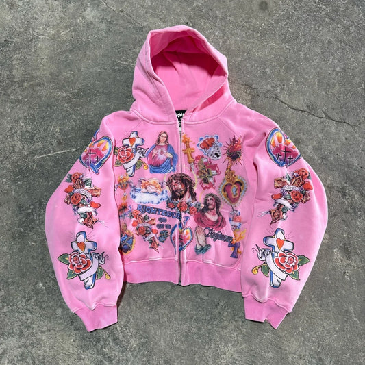 Casual y2k sweatshirt zipper cardigan loose hoodie for women 2024 new versatile printed letters hip-hop geometric pattern