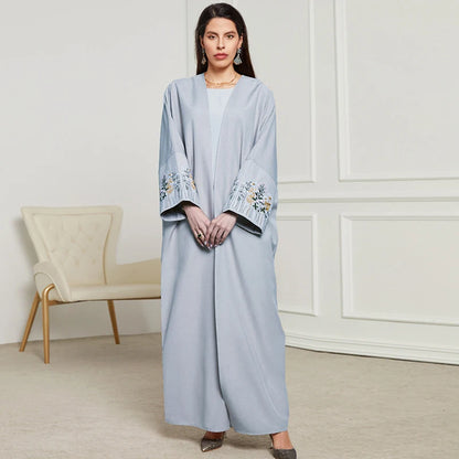 New Arrival Front Open Abaya Women Kimono Muslim Women's Dresses Flowers Embroidery Eid Linen Abaya Arab Dubai Islamic Clothing