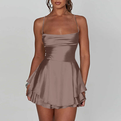 Ladies' Silk And Satin Elegant Sexy Slim Beautiful Backless Short Dress Cowl Neck Cross Spaghetti Strap Party Pleated Mini Skirt