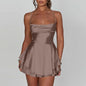 Ladies' Silk And Satin Elegant Sexy Slim Beautiful Backless Short Dress Cowl Neck Cross Spaghetti Strap Party Pleated Mini Skirt