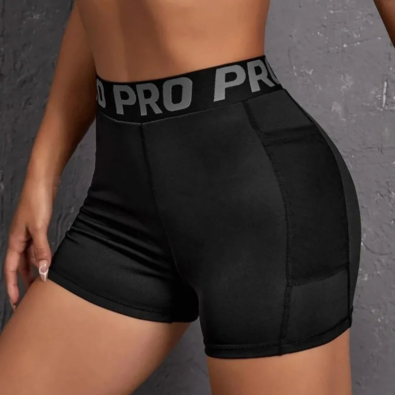 Women Seamed with Pocket Three Point Pants Yoga Shorts High Waist Letter Elastic Butt Lift Leggings Gym Trainning Slim Leggings