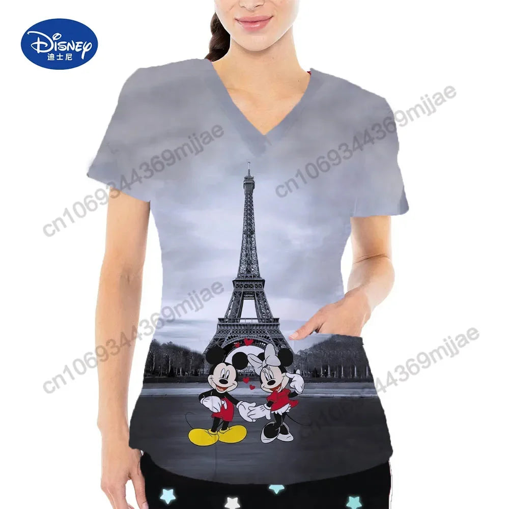 2024 Summer New Disney Cartoon Pattern Top Fashion V-neck Double Pocket Design Style T-shirt Casual Comfortable Women's Wear