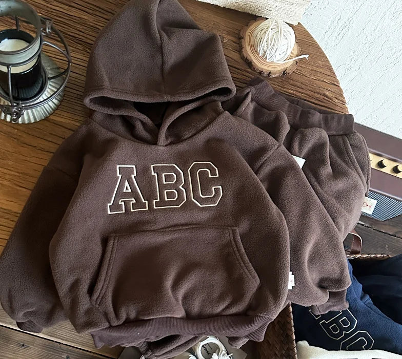 MILANCEL Winter Kids Clothing set Fur Lining Boys Hoodie Set  Hooded Sweasthirt And Pants  2Pcs Track Suit