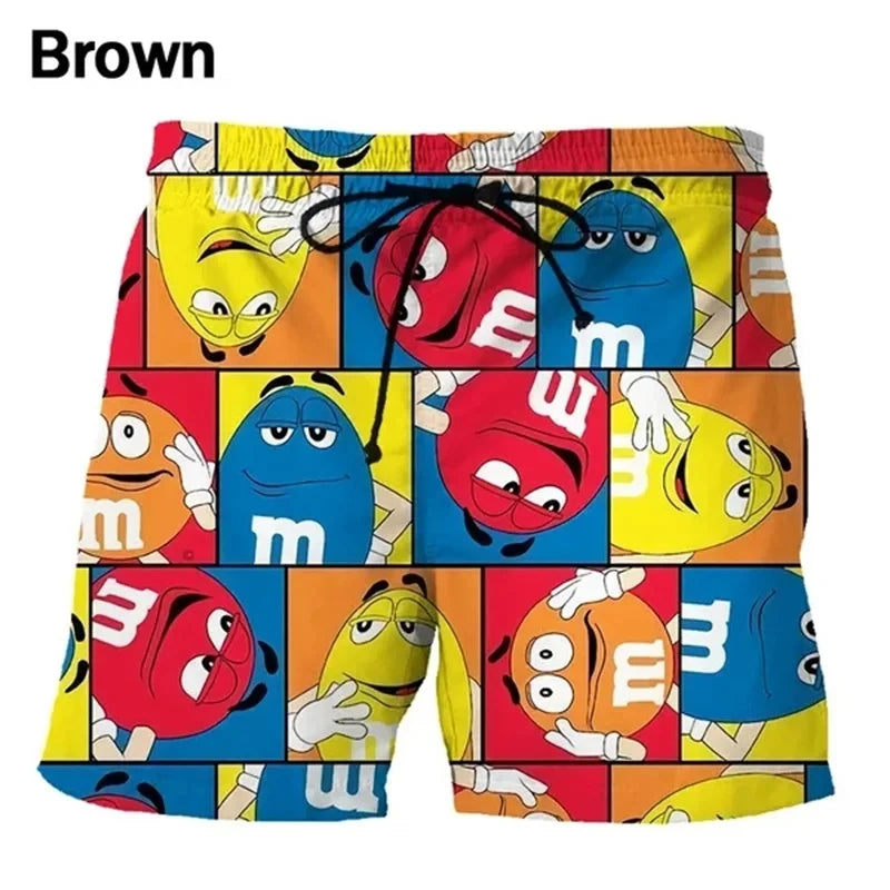 Funny M&M's Chocolate Bean Beach Shorts Men 3D Printing M&M Board Swimsuit Summer Quick Drying Sport