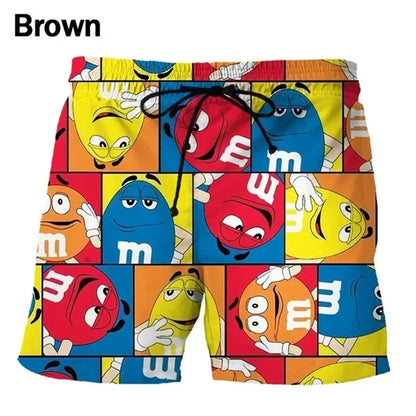 Funny M&M's Chocolate Bean Beach Shorts Men 3D Printing M&M Board Swimsuit Summer Quick Drying Sport
