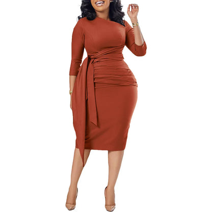 Elegant Lace-Up Bodycon Dresses for Women Three Quarter Sleeve Office Lady Party Fashion Folds Bandage African Dress Vestido