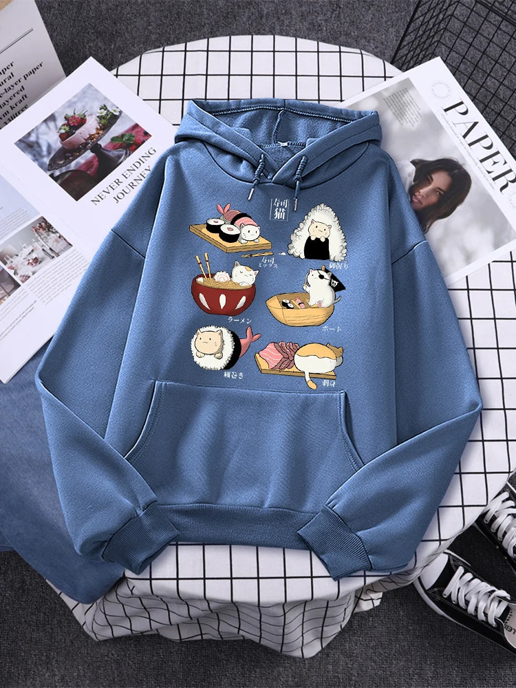Sushi Cat's Day Harajuku Printed Hoody Womens Fashion Loose Clothing Autumn Fleece Sweatshirt Casual O-Neck Female Streetwear