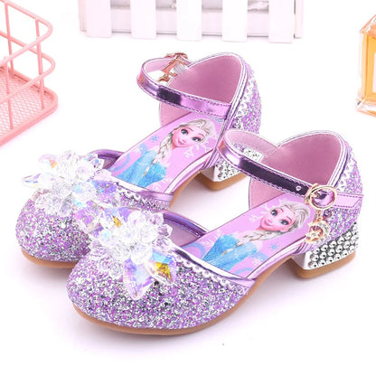 Disney Princess Frozen Elsa Kids Leather For Girls Crystal Pillar Casual Glitter Children High Heel Party Dress Shoes
