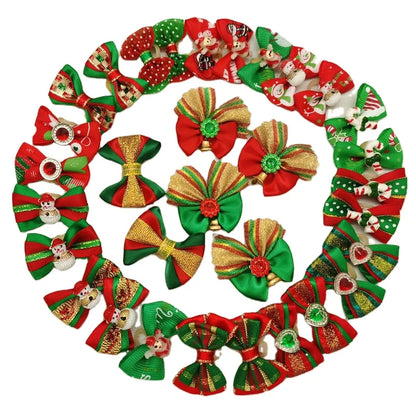 50pcs Christmas Dog Bowknot Cat Hair Bows with Rubber Band Santa Claus Decoration Small Dog Pet Accessories