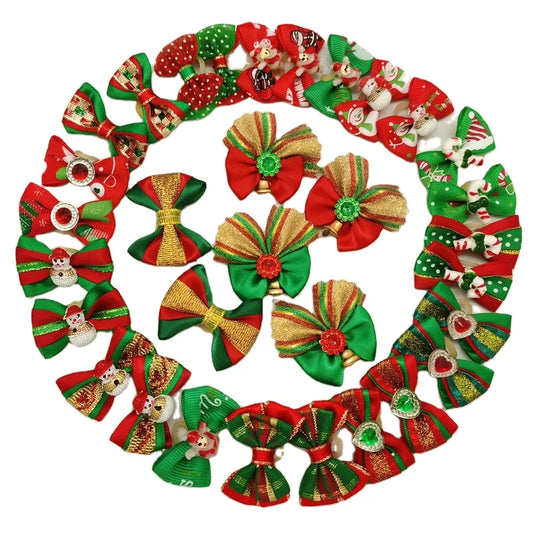 50pcs Christmas Dog Bowknot Cat Hair Bows with Rubber Band Santa Claus Decoration Small Dog Pet Accessories