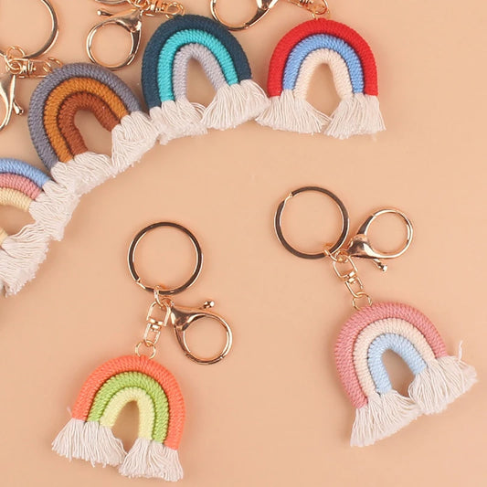 Lovely Hand Knitted Rainbow Tassel Keychain For Women Girl Cute Weave Key Ring Pendant Handbag Hanging Decoration Car Key Charms