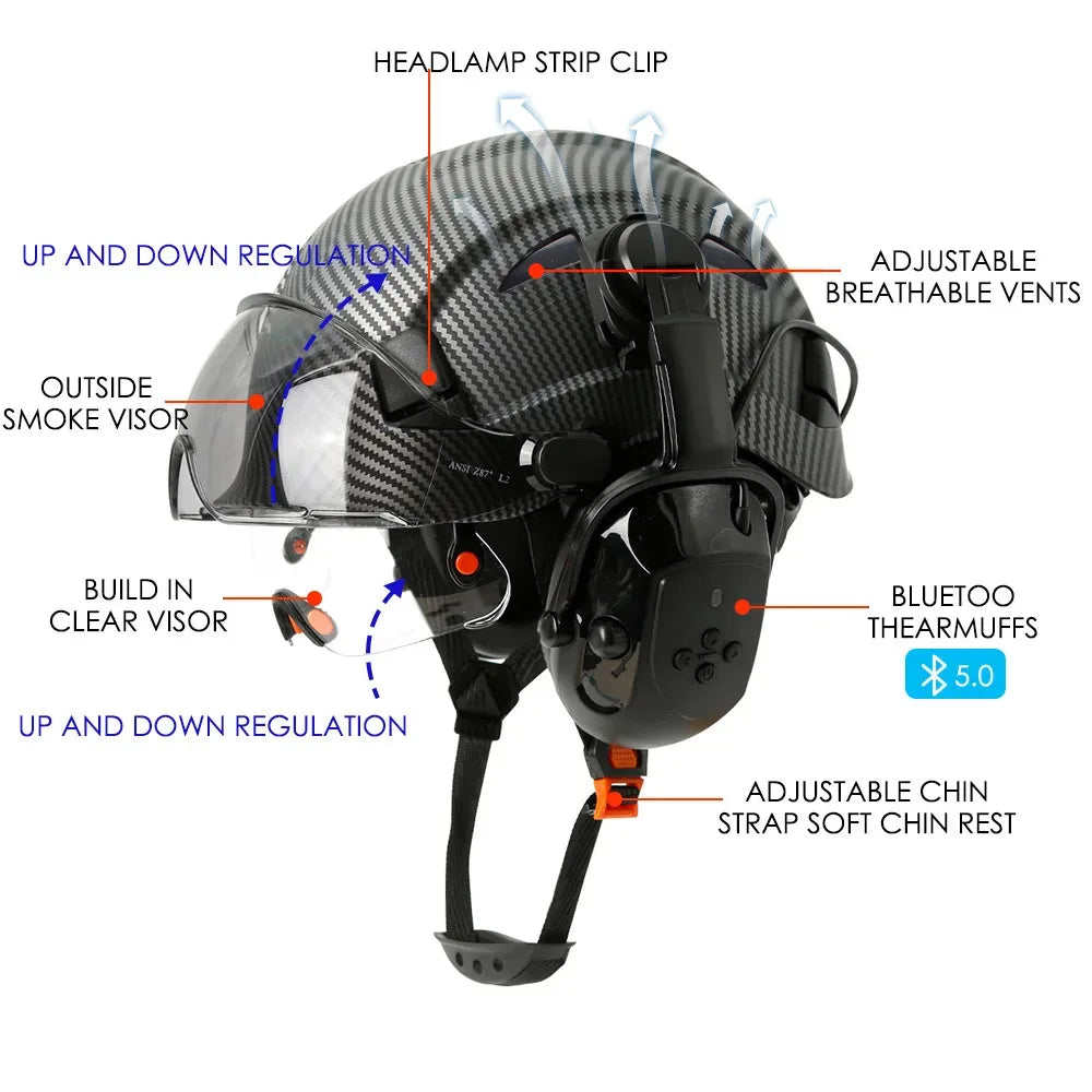 Bluetooth 5.0 Earmuffs Safety Helmet With Visors For Engineer ABS Carbon Fiber Pattern Construction Hard Hat Industrial Cap ANSI