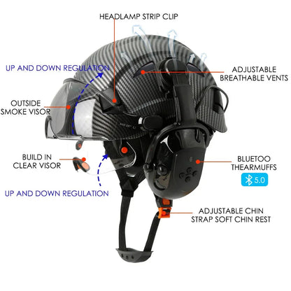 Bluetooth 5.0 Earmuffs Safety Helmet With Visors For Engineer ABS Carbon Fiber Pattern Construction Hard Hat Industrial Cap ANSI