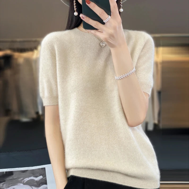 Fashion short sleeve 100% merino wool sweater basic O-neck cashmere women's knitted top pullover sweater top