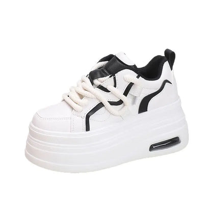 Fashion Platform Sneakers Women Spring Autumn Comfort Round Toe Lace-up 8CM Thick Bottom Black White Casual Sport Shoes