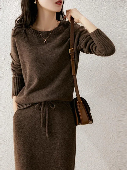 Korean Fashion Two Piece Sets Womens Outifits Solid Knitted Sweater Dress Sets Loose Pullover Sweater Skirt Sets Womens Clothing