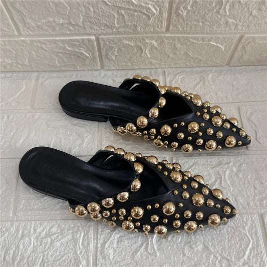 Pointed Toe Slippers for Women Rivets Studded Summer Gladiator Sandals Flat Beach Shoes Ladies Outside Slides Punk Style Mules