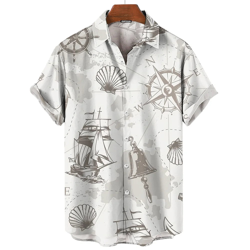 Vintage Men'S Shirt 3d Sailing Boat Print Men Clothing Summer Casual Short Sleeve High Quality Top Tee Hawaiian Beach Sweatshirt