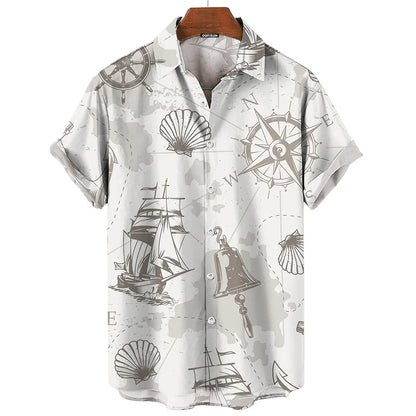 Vintage Men'S Shirt 3d Sailing Boat Print Men Clothing Summer Casual Short Sleeve High Quality Top Tee Hawaiian Beach Sweatshirt