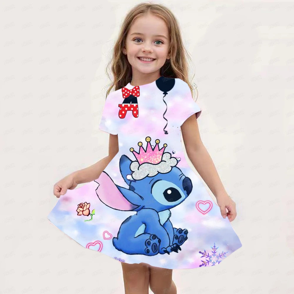 Summer New Children's Clothing 3d Printed Romantic Stitch Cute Girl Short-Sleeved Dress 3-14 Years Old Kids Performance Clothing