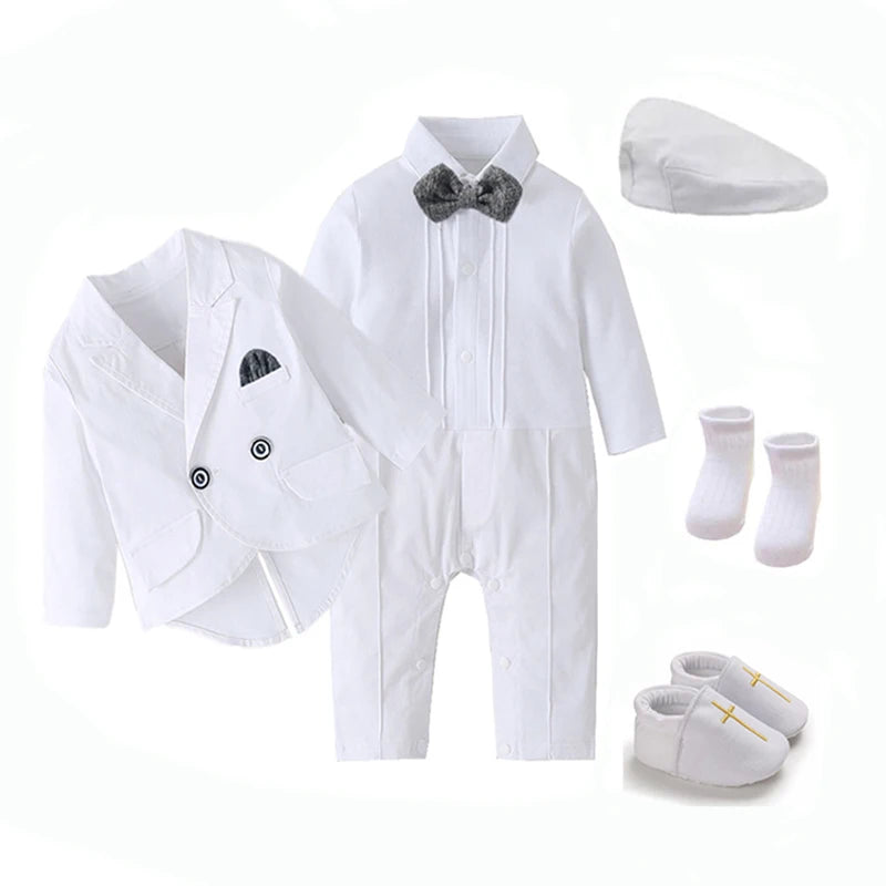 White Baby Baptism Formal Dress for Boys Romper with Coat Hat 6 PCS Infant Solid Birthday Wedding Suit Newborn Cotton Fall Set