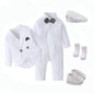 White Baby Baptism Formal Dress for Boys Romper with Coat Hat 6 PCS Infant Solid Birthday Wedding Suit Newborn Cotton Fall Set