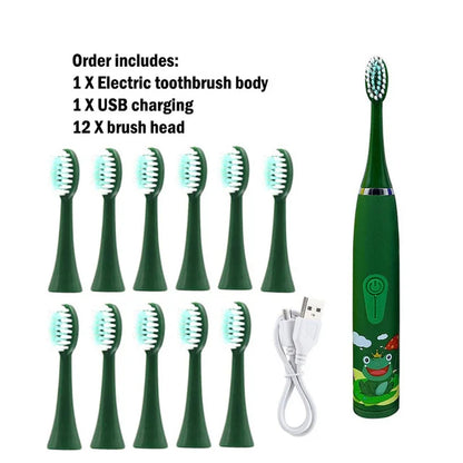 Children Sonic Electric Toothbrush Automatic Waterproof IPX7 Cleaning Brush Cartoon Kids With 12pcs Replacement Brush Heads