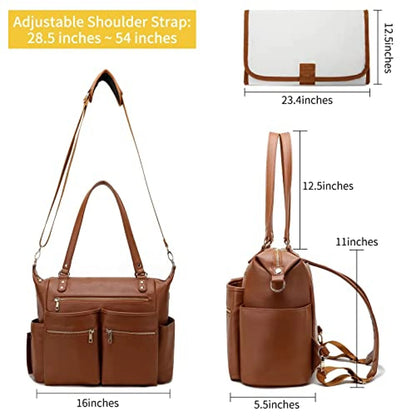 Leather Diaper Bag Tote Backpack for Mommy Dad Baby Nappy Organizer with Changing Station Stroller Straps Pacifier Case Boy Girl