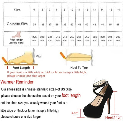 Pumps High Heel Women New Style Flock Fashion Cross Straps 14cm Heel High 4cm Platform Model Nightclub Sexy Plus Size 35-46
