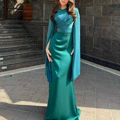 Fashion Satin Solid Robe Dress Women Elegant Batwing Sleeves High Waist Pleats Long Dress Stylish Glass Tulle Slim Evening Dress