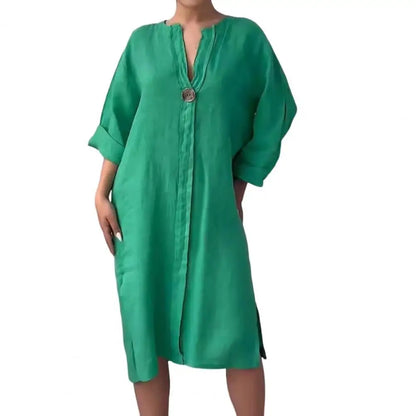 Soft Fabric Women Dress Button V-neck Dress Women's Loose V Neck A-line Midi Dress with Three Quarter Sleeves for Wear