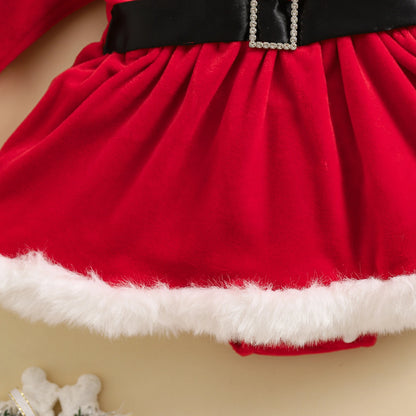 MISOWMNJOY Christmas Baby Party Clothes for Girls Rompers Dress Cute Velvet Skirt Hem Long Sleeve Toddler Bodysuit with Headband