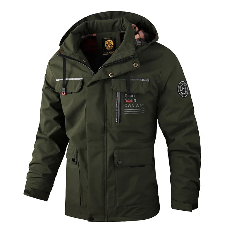 Men's Outdoor Sports Spring and Autumn Cross-Country Camping Hooded Jacket Casual Fashion Premium Slim-Fit Soft-Shell Jacket 6XL