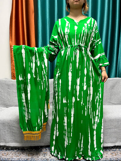 2024 Cotton Abayas For Women Islam Printed Long Sleeves Loose Fit Femme Robe Muslim Two Piece Abaya Set With Tassel Hijabscarf