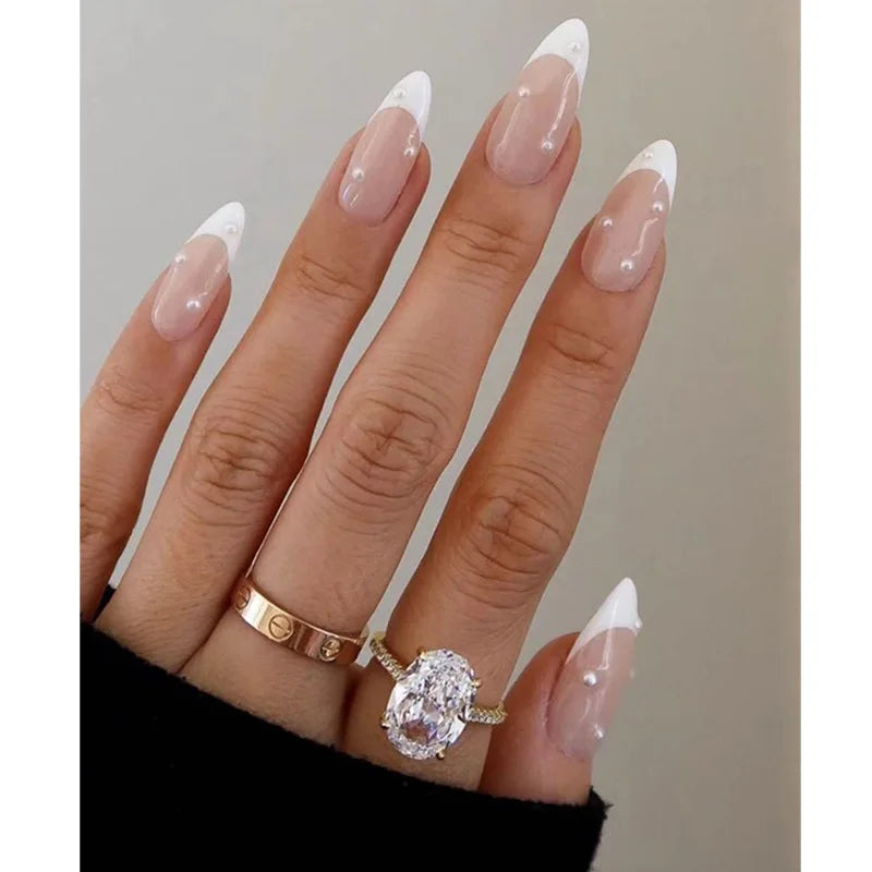 24pcs Black 3D Bow Almond Fake Nails Tips Pearl Love Sequin Design False Nails Art Removable Waterproof Artificial Press on Nail