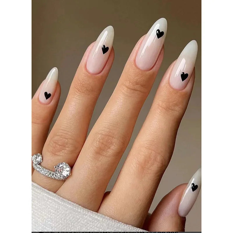 24pcs Black 3D Bow Almond Fake Nails Tips Pearl Love Sequin Design False Nails Art Removable Waterproof Artificial Press on Nail