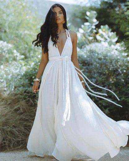 Canwedance Solid Color Bandage Maxi Dress Sleeveless Open Back Holiday Vestidos Female Deep V Neck Backless Halter Dresses