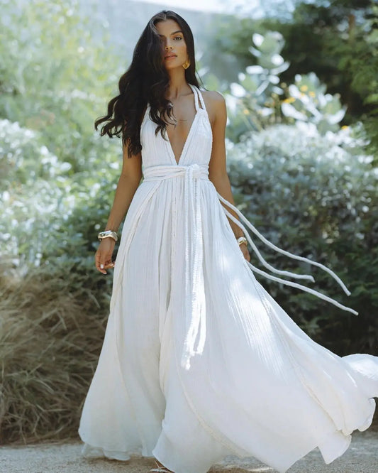 Canwedance Solid Color Bandage Maxi Dress Sleeveless Open Back Holiday Vestidos Female Deep V Neck Backless Halter Dresses