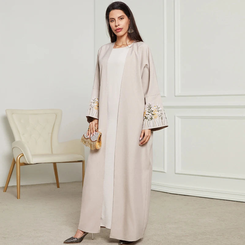 New Arrival Front Open Abaya Women Kimono Muslim Women's Dresses Flowers Embroidery Eid Linen Abaya Arab Dubai Islamic Clothing