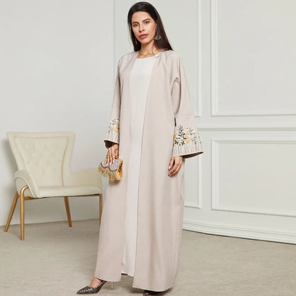 New Arrival Front Open Abaya Women Kimono Muslim Women's Dresses Flowers Embroidery Eid Linen Abaya Arab Dubai Islamic Clothing