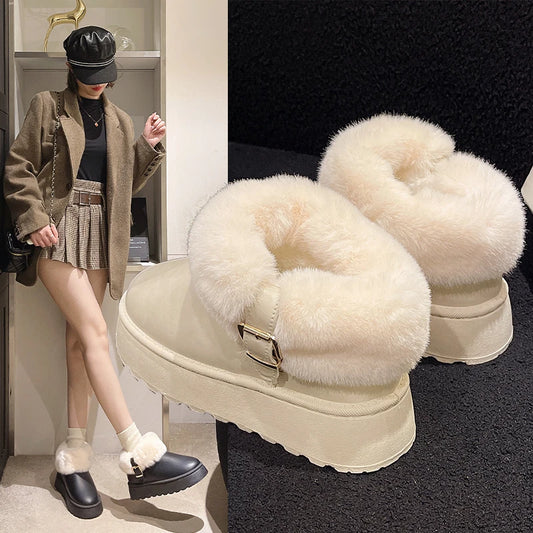 Pu Leather Waterproof Snow Boots for Women Winter Warm Plush Platform Ankle Boots Woman Thick Bottom Faux Fur Cotton Shoes