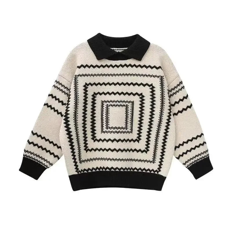 Korean Children's Sweaters Retro Style Boys Fall and Winter Thickening New Winter Baby Knit Shirt Lapel Polo Collar Knit Sweater