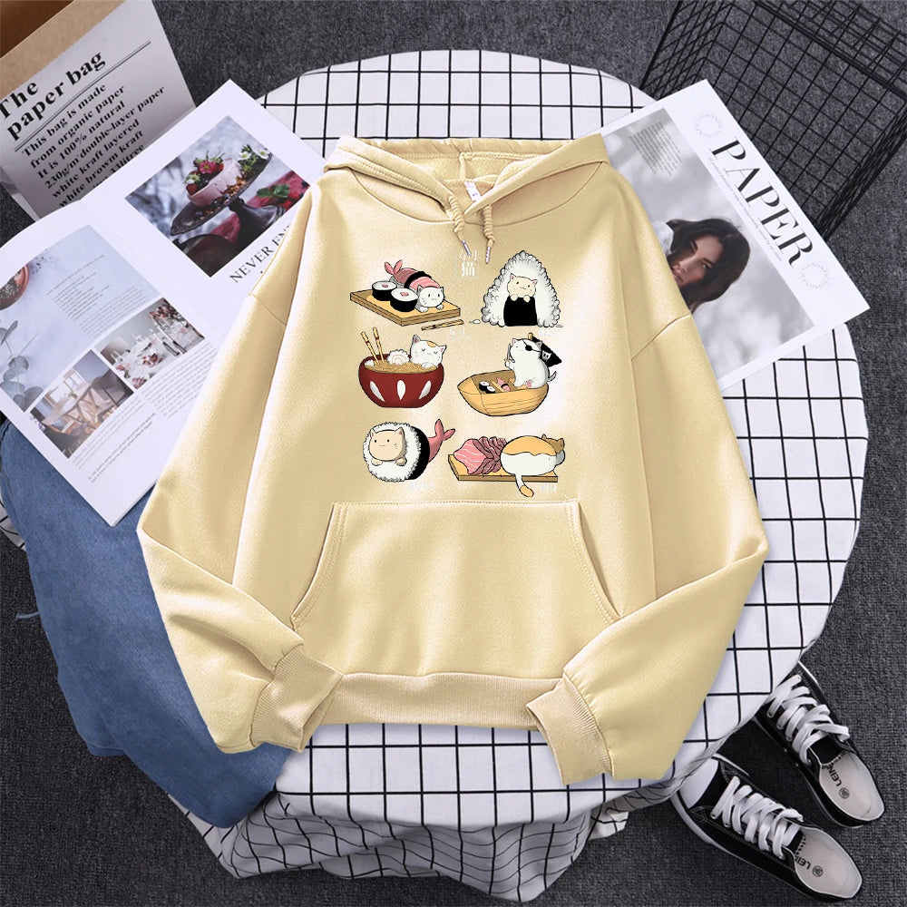 Sushi Cat's Day Harajuku Printed Hoody Womens Fashion Loose Clothing Autumn Fleece Sweatshirt Casual O-Neck Female Streetwear